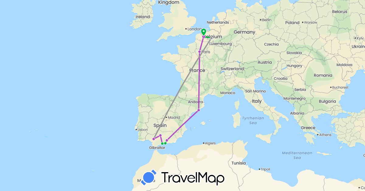 TravelMap itinerary: bus, plane, train in Belgium, Spain, France (Europe)